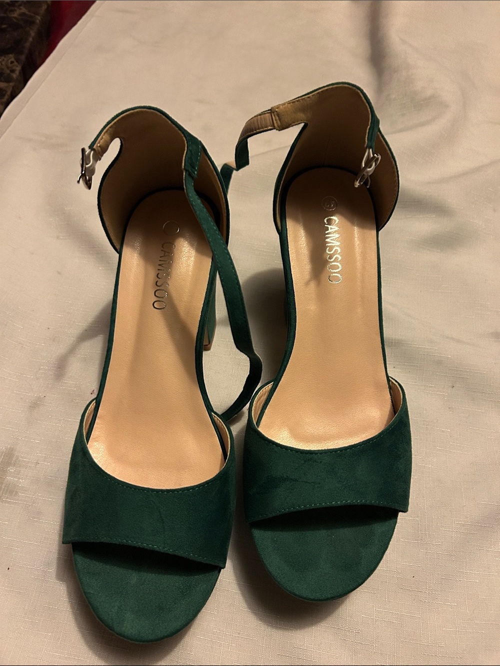 CAMSSOO Green Suede Ankle-Strap Heels